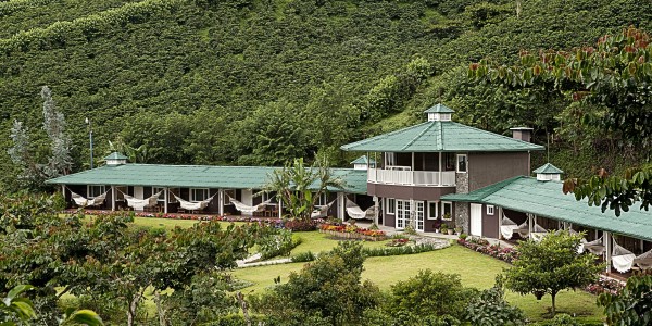 Panoramic view of Finca Lerida hotel and coffee plantations. Boquete, Chiriqui province, Panama, Central America.