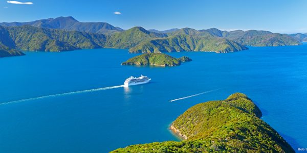 Cruise ship in Marlborough Sounds, New Zealand. credit Rob Suisted